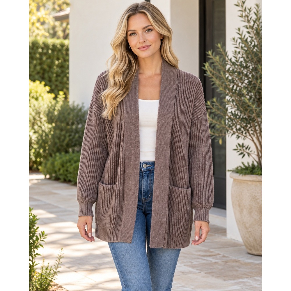 Quince Organic Cotton Oversized Cardigan Women XS Heather Brown Ribbed Sweater